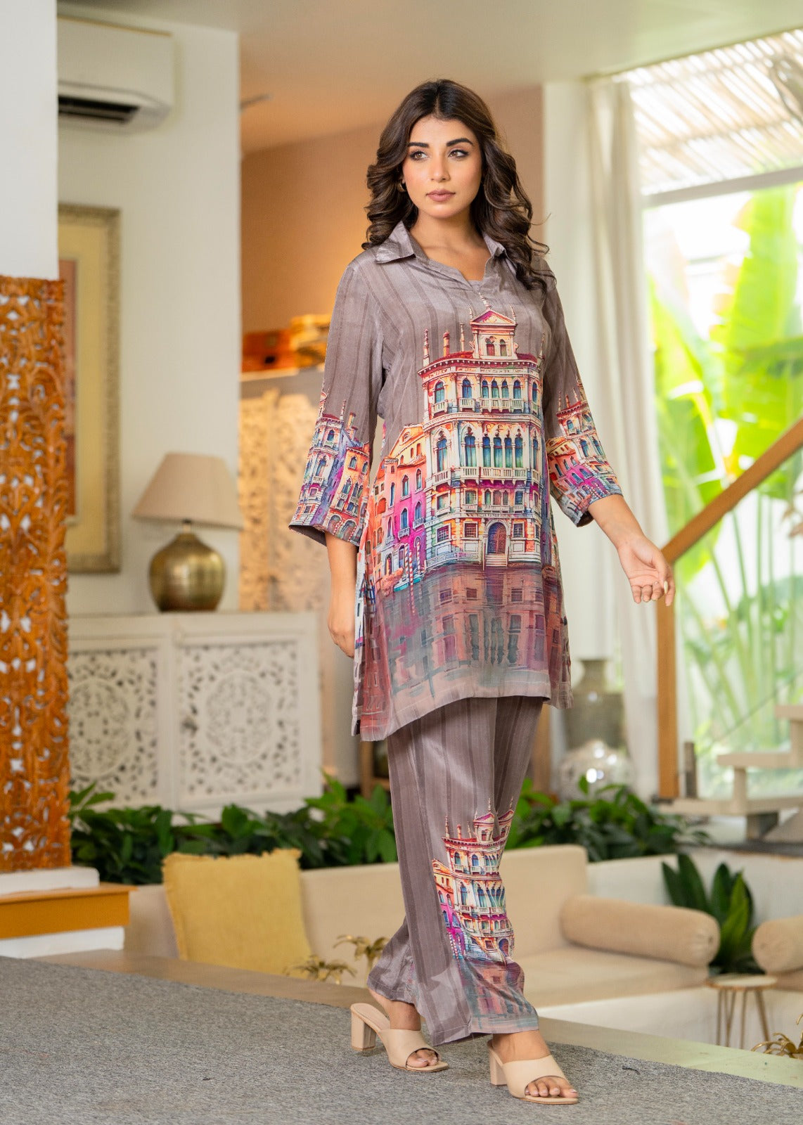Grey digital print pure crape two piece cordset (A703)