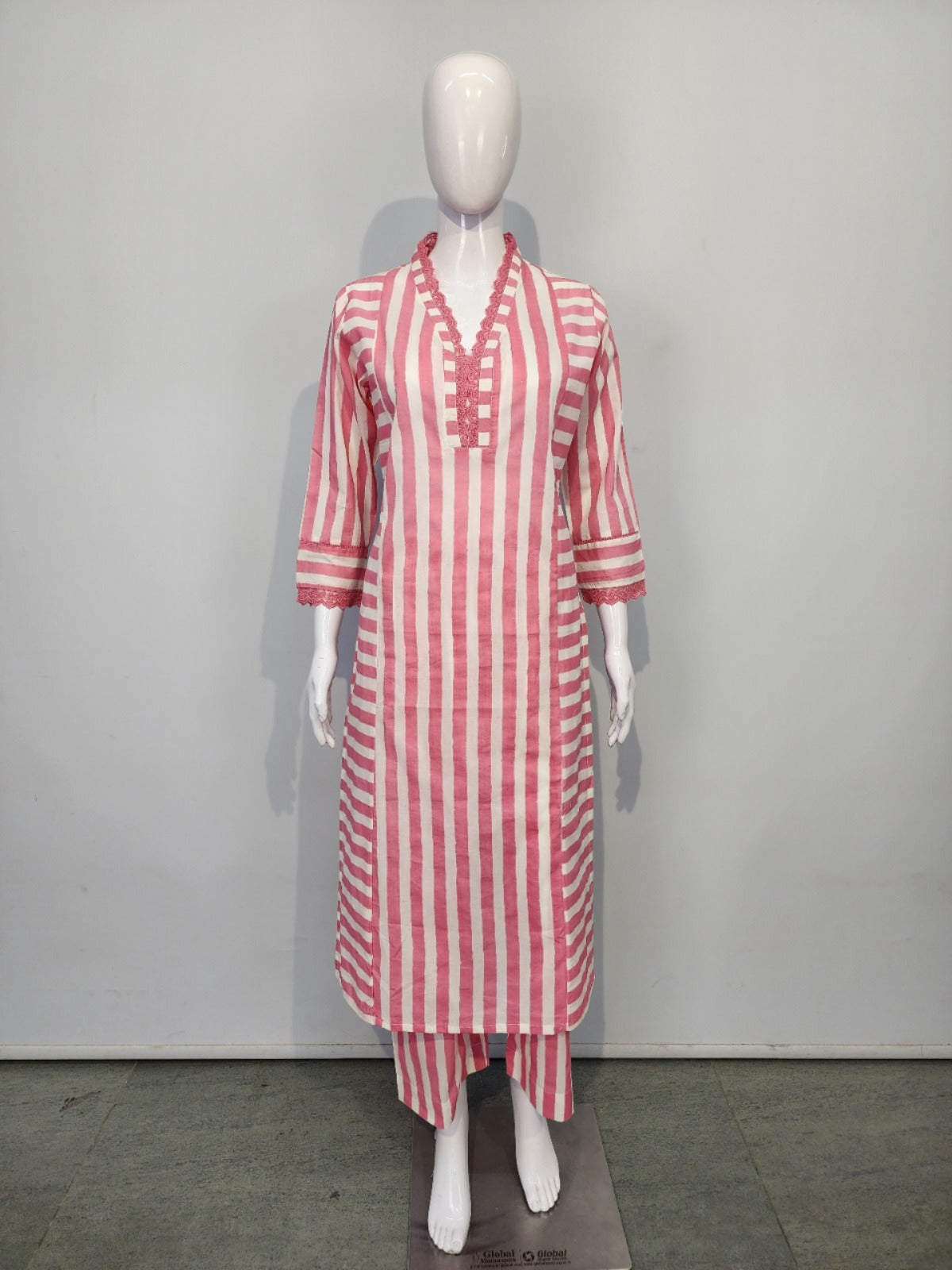 Pink pure cotton stripes two piece set (P2083)