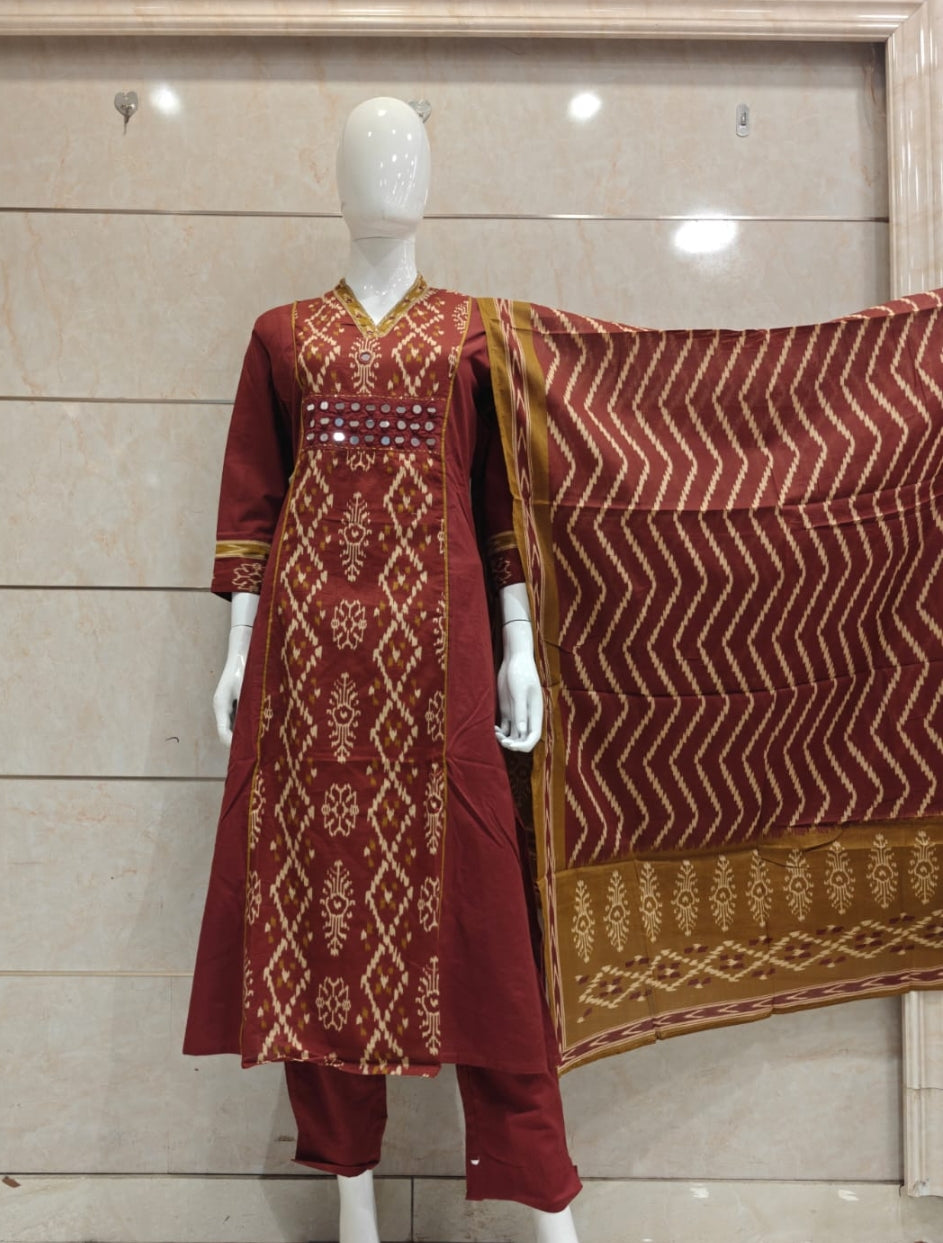 Pure cotton ikkat print with real mirror work three piece set (C455)