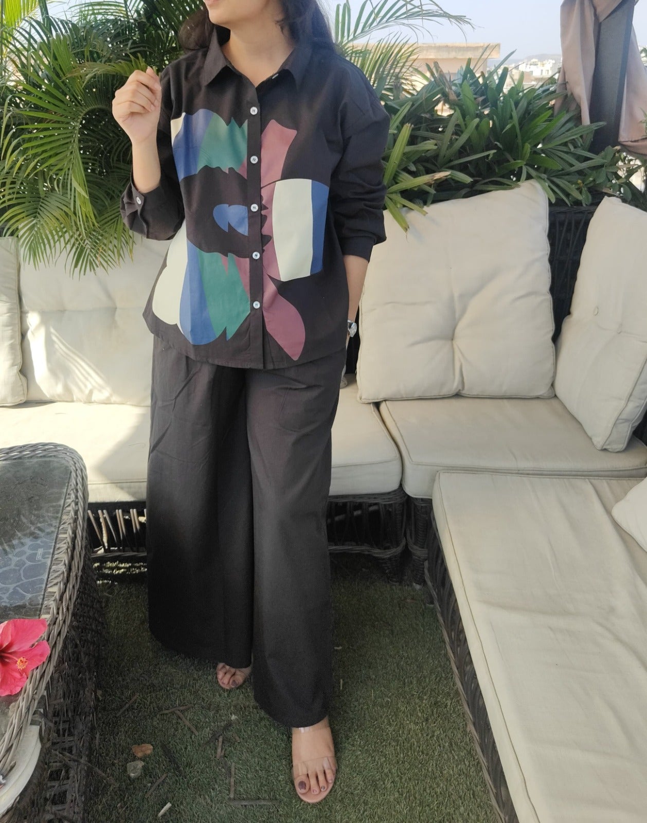 Black cotton silk full paint work two piece cordset (P2039)
