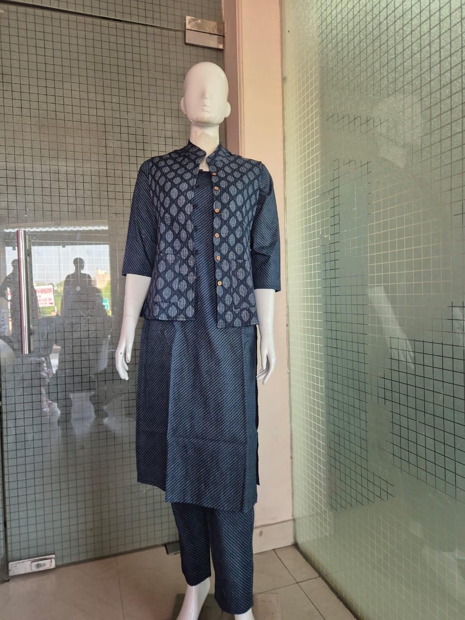 Pure cotton block print with quilted jacket three piece set (A1248)