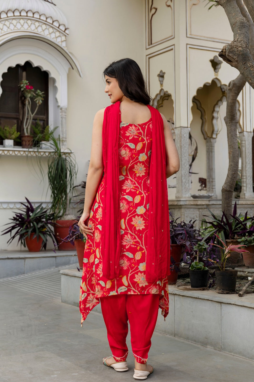 Orange pure chinnon with tulip pant designer three piece set (P1977)