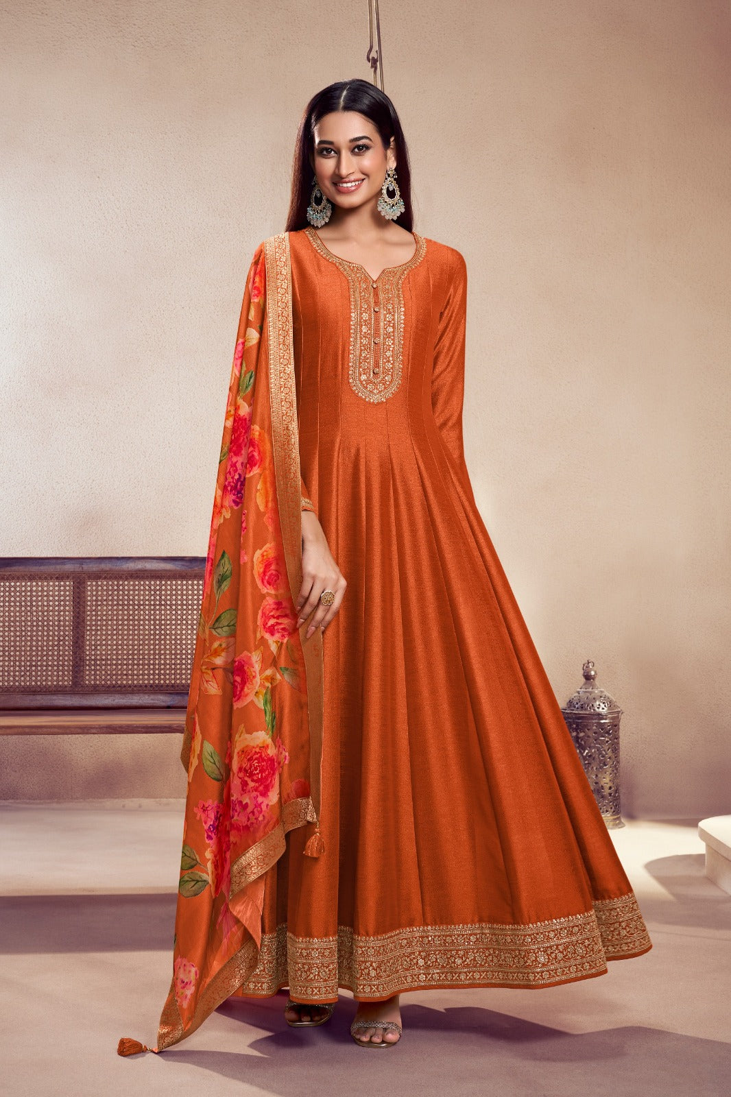 Orange russian silk gown with dupatta (P1998)