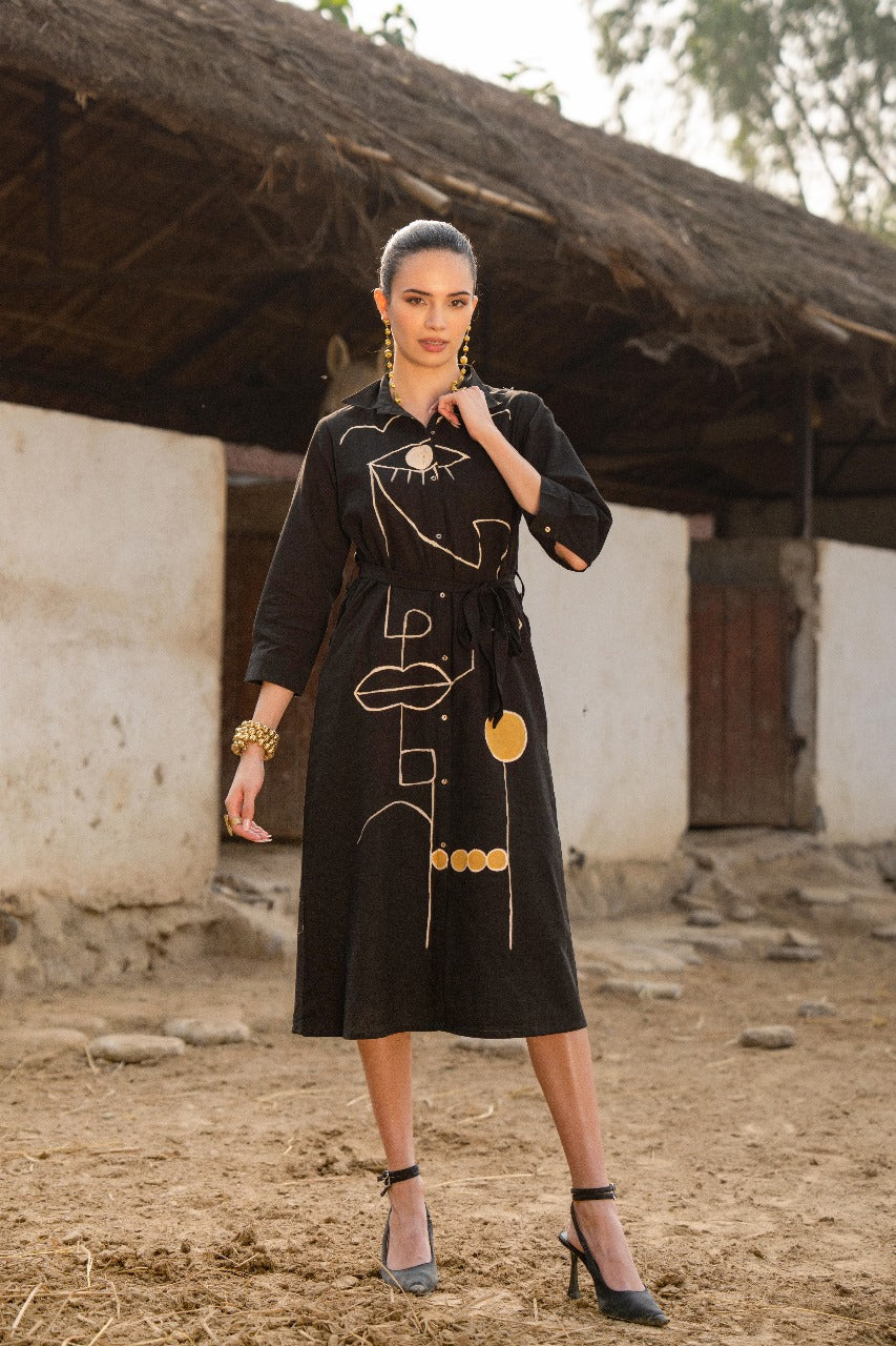 Black pure cotton smart one piece dress (P2100)