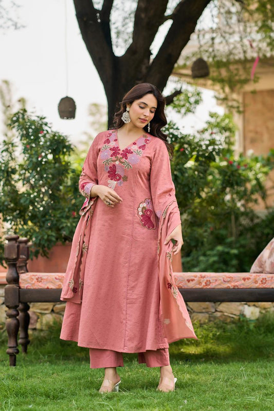 Cotton shifali A line with fully embroidered mul lining three piece set (S118)