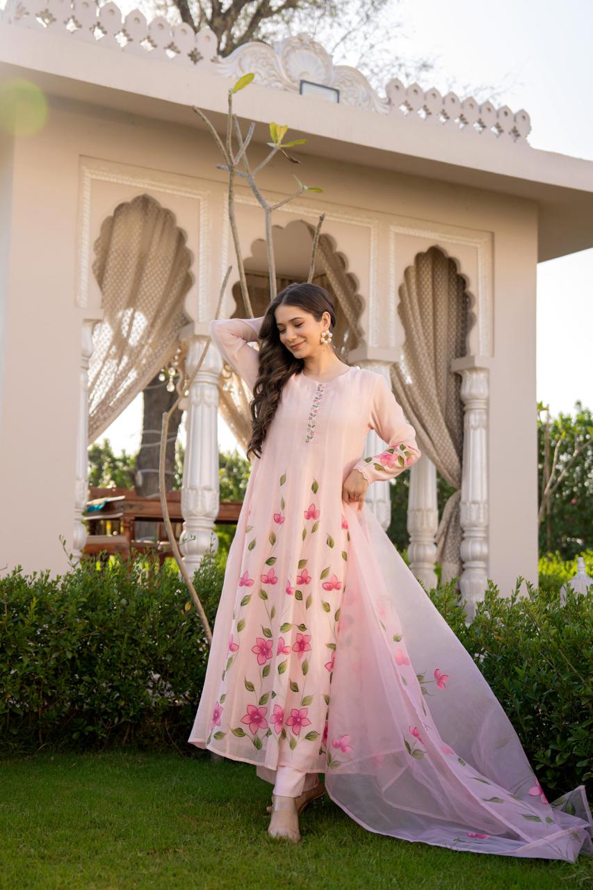 Pink pure mul chanderi flared anarkali with full brush paint three piece set (P2111)