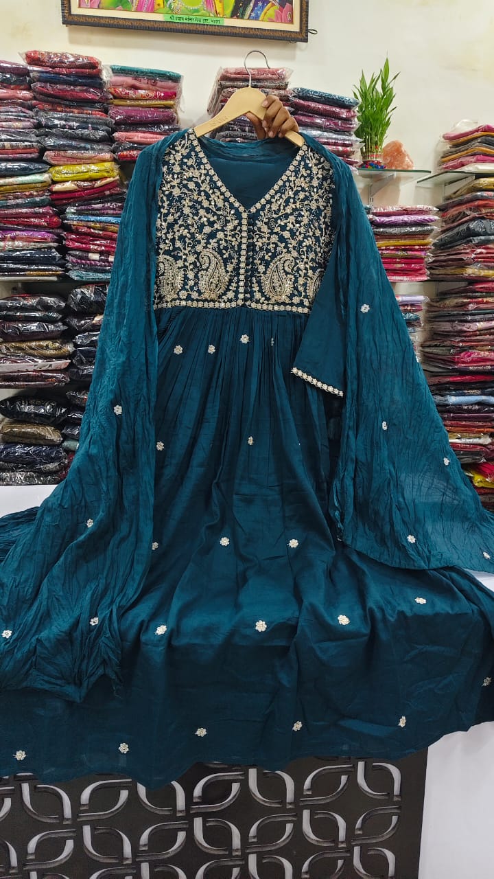 Peacock blue pure cotton fully thread work three piece set (A1315)