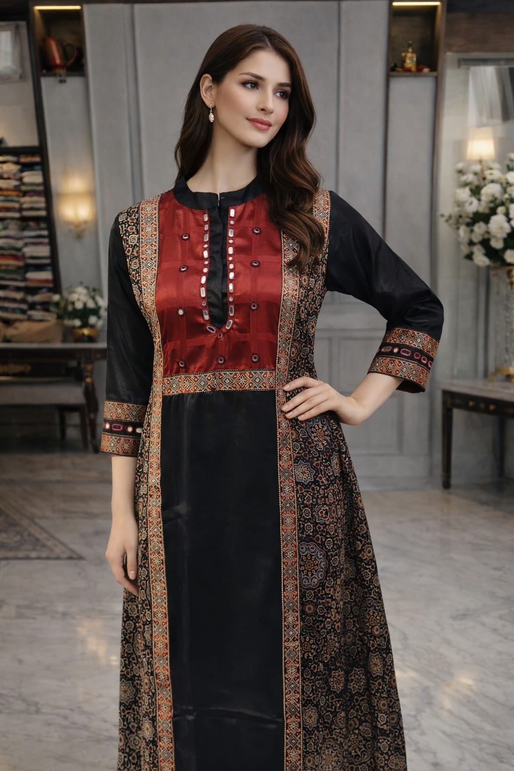 Pure gaji silk with real mirror ajrakh print one piece dress (A1869) (length 45 inch)