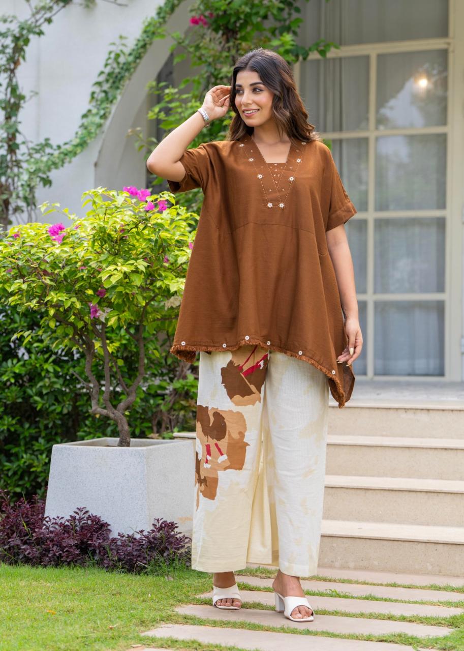 Brown designer handloom cotton two piece cordset (A461)
