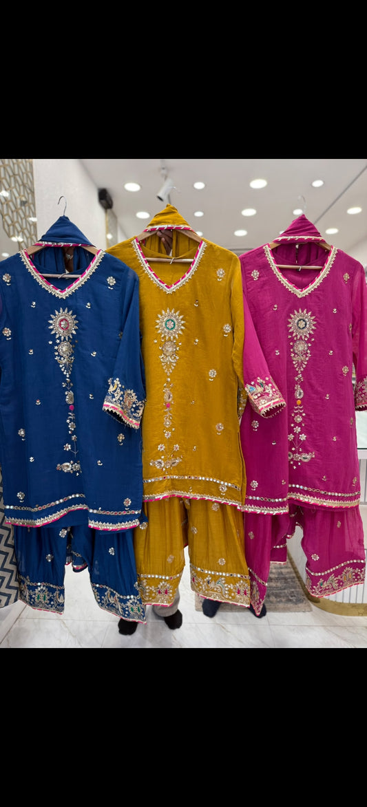 Blue colour Pure mul chanderi with farshi salwar three piece set (S431)
