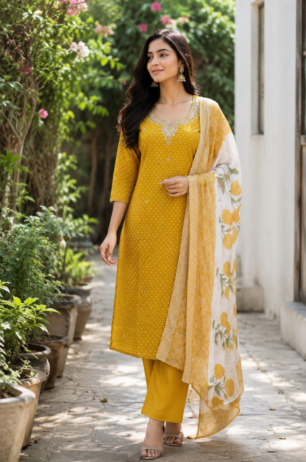 Pure cotton bright mango yellow colour bandani print with mugal duppta three piece setC298