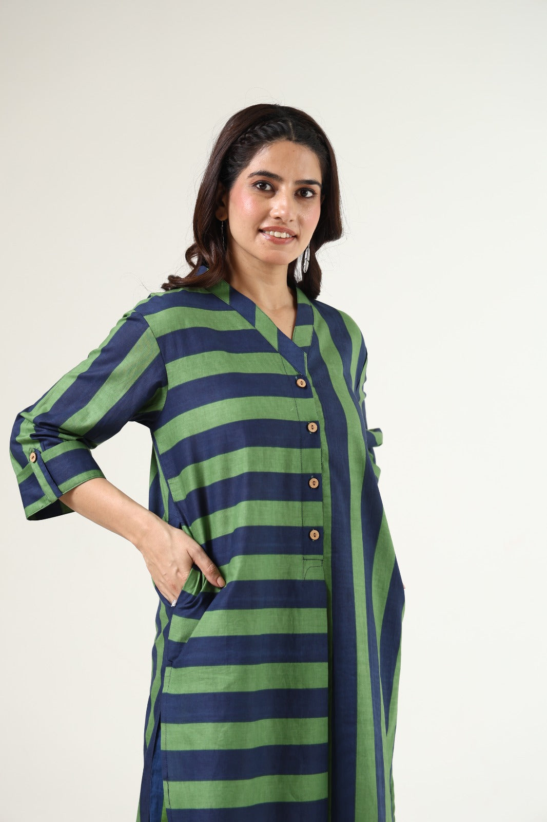 Blue with green pure cotton strips two piece cordset (A525)