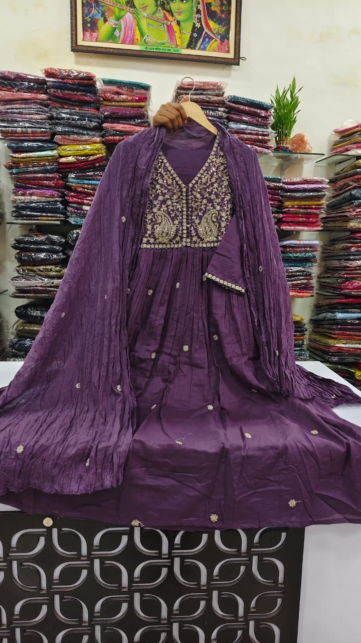 π£ purple pure cotton fully thread work three piece set (A1314)