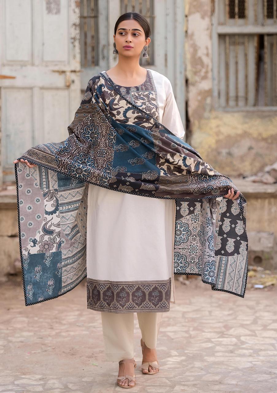Off white with ajrakh dupatta pure cotton three piece set (P2114)