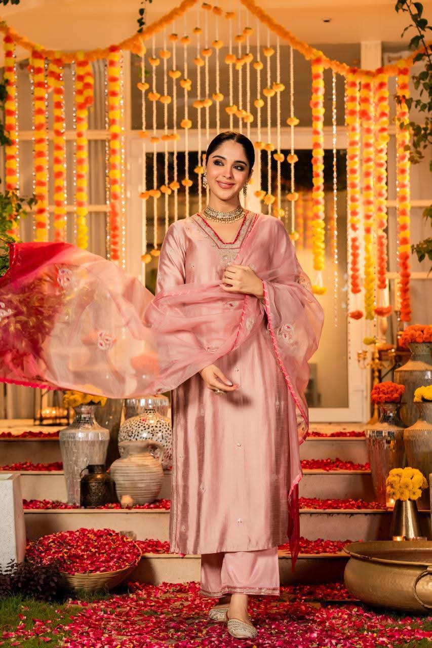 Pink pure dola silk three piece set (A1096)