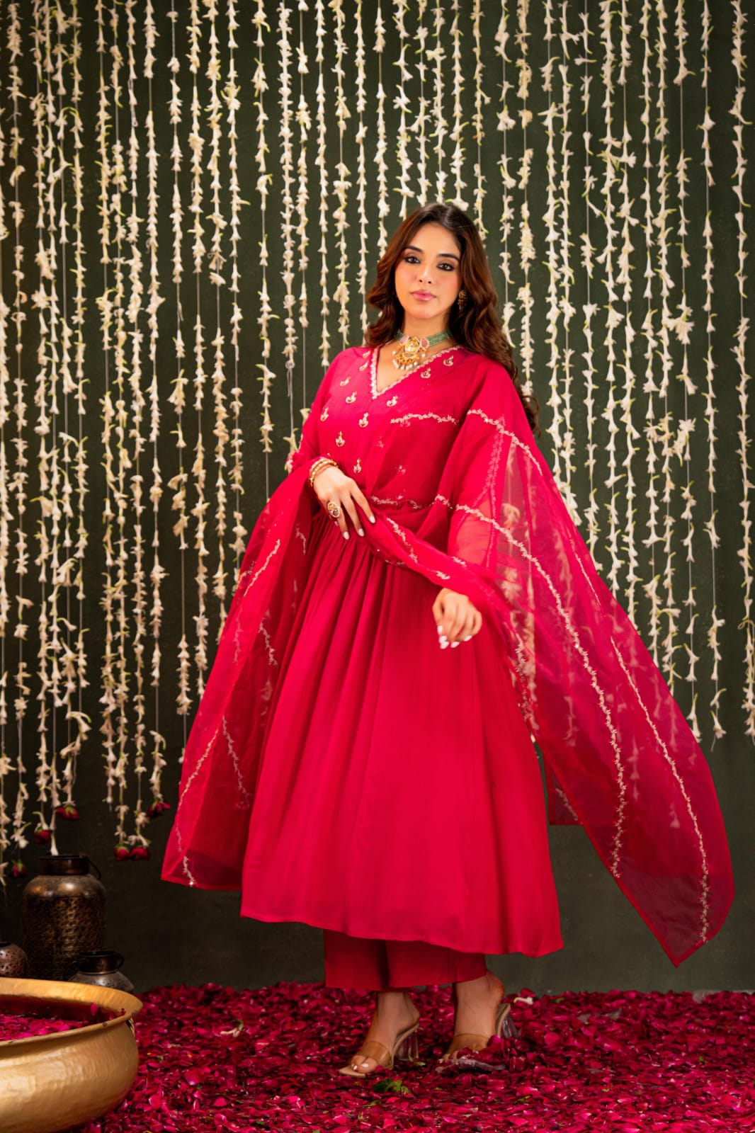 Bright pink crush mul chanderi with oraganza dupatta three piece set (A831)