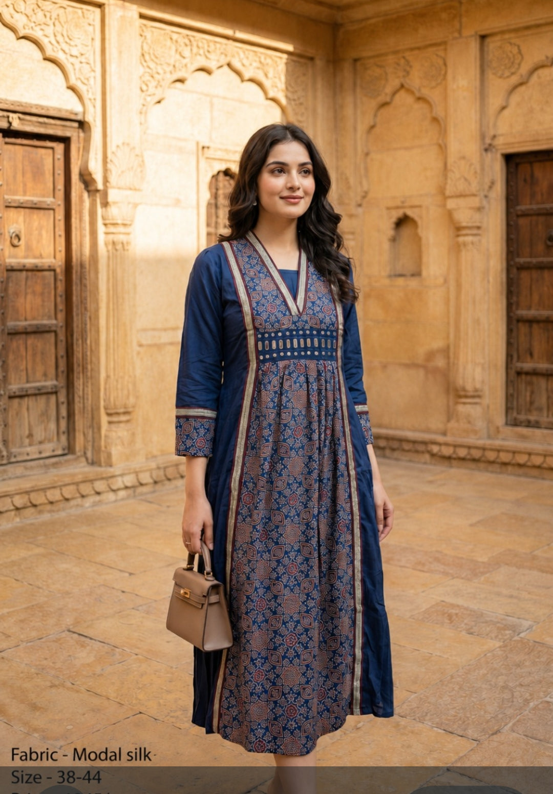 Blue pretty soft modal silk ajrakh real mirror dress with pockets (loose fit) (C160)