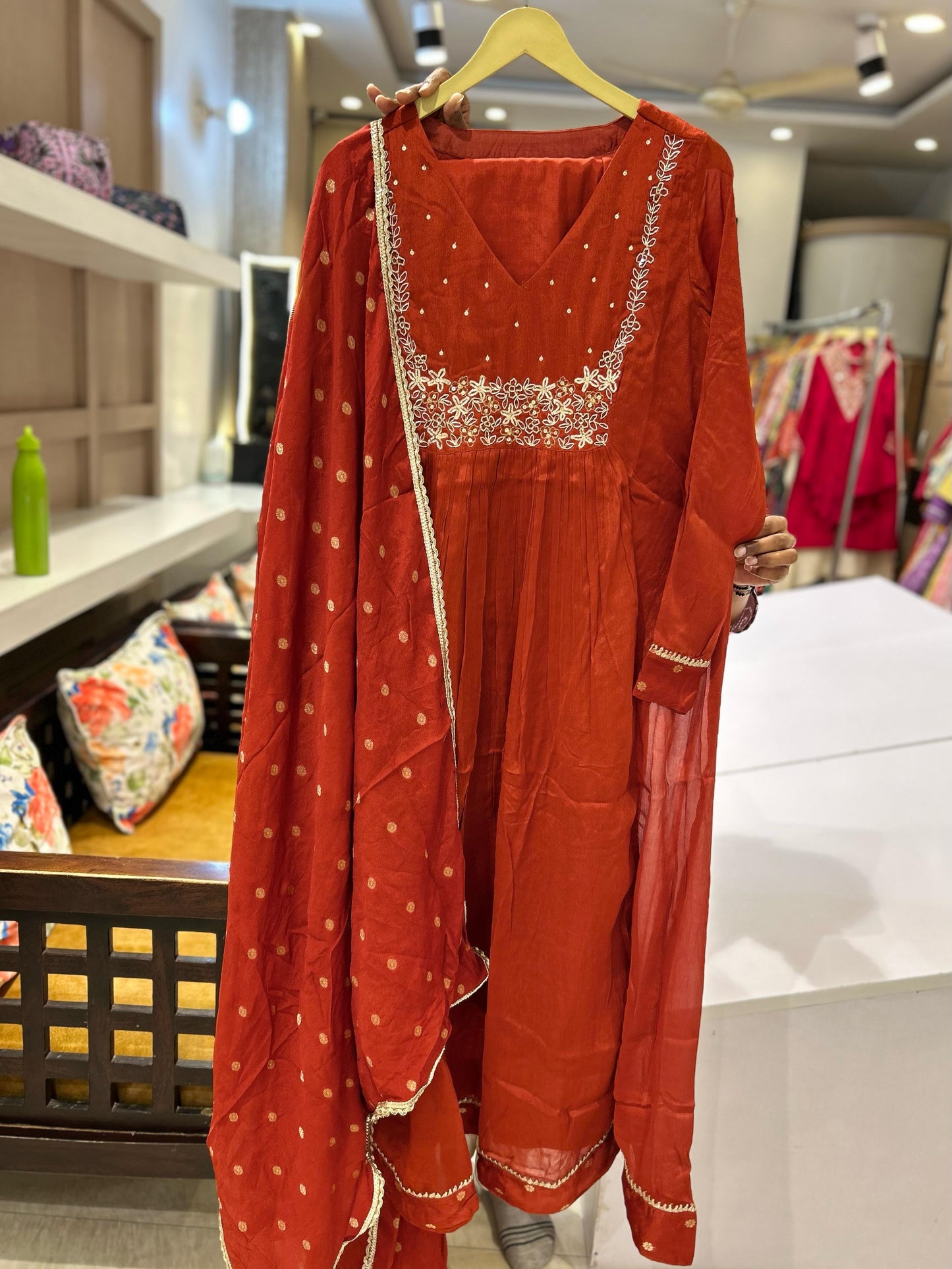 Brunt orange pure chinnon with zari work three piece set (P2054)