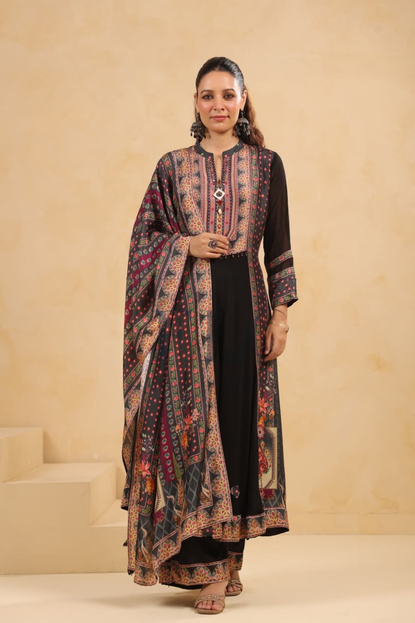 Pure Georgette with silk dupatta three piece set (A424)