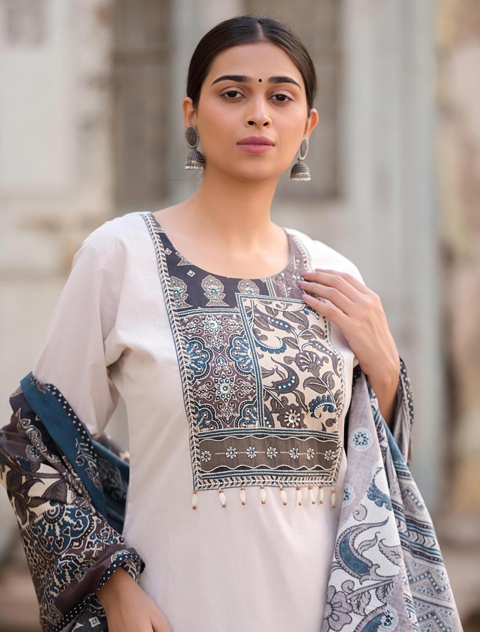 Off white with ajrakh dupatta pure cotton three piece set (P2114)