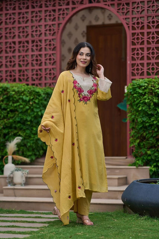 Crush cotton fully thread work three piece set (C269)