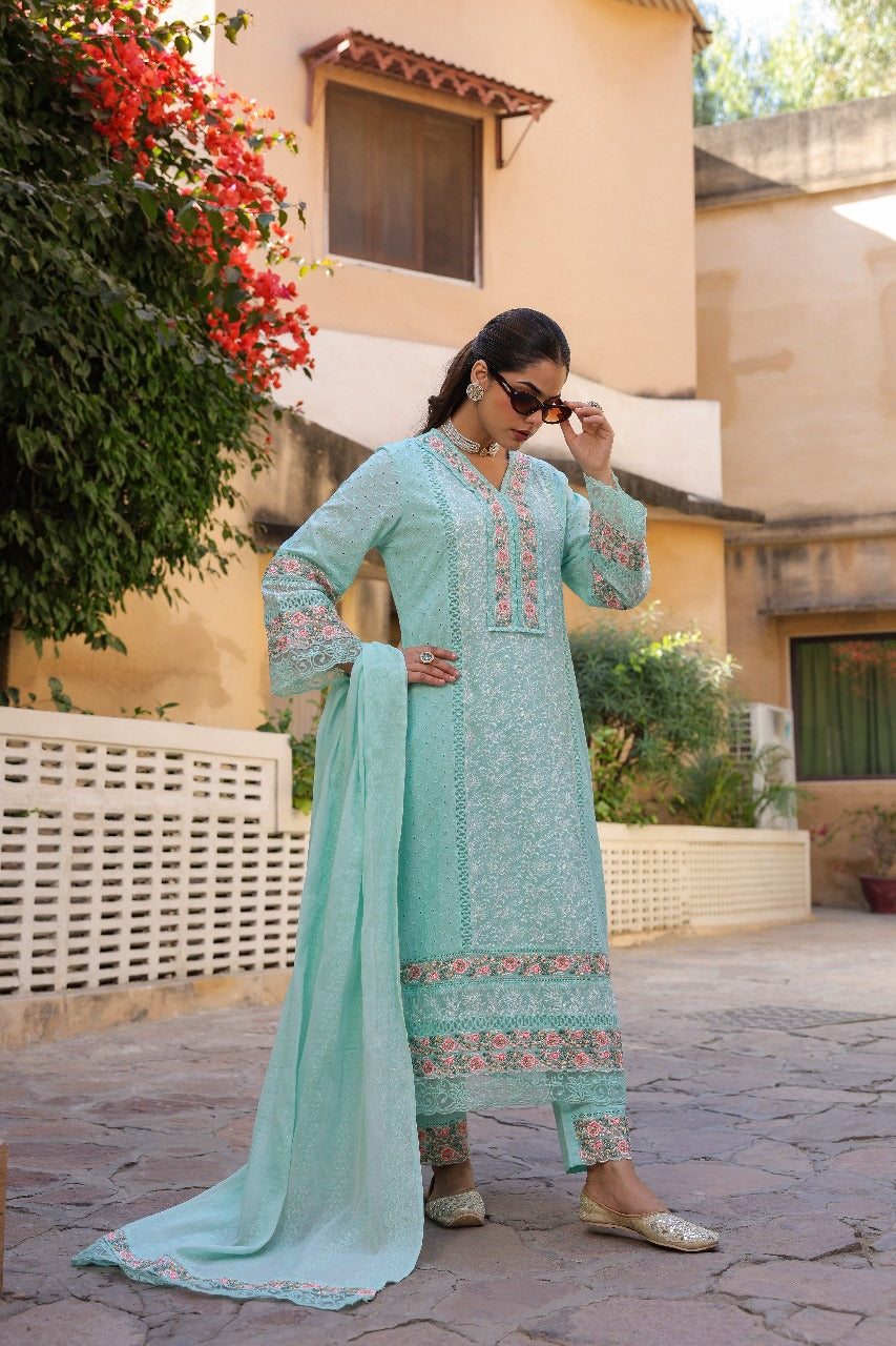 Light sea green pakistani pattern three piece set (P1958)