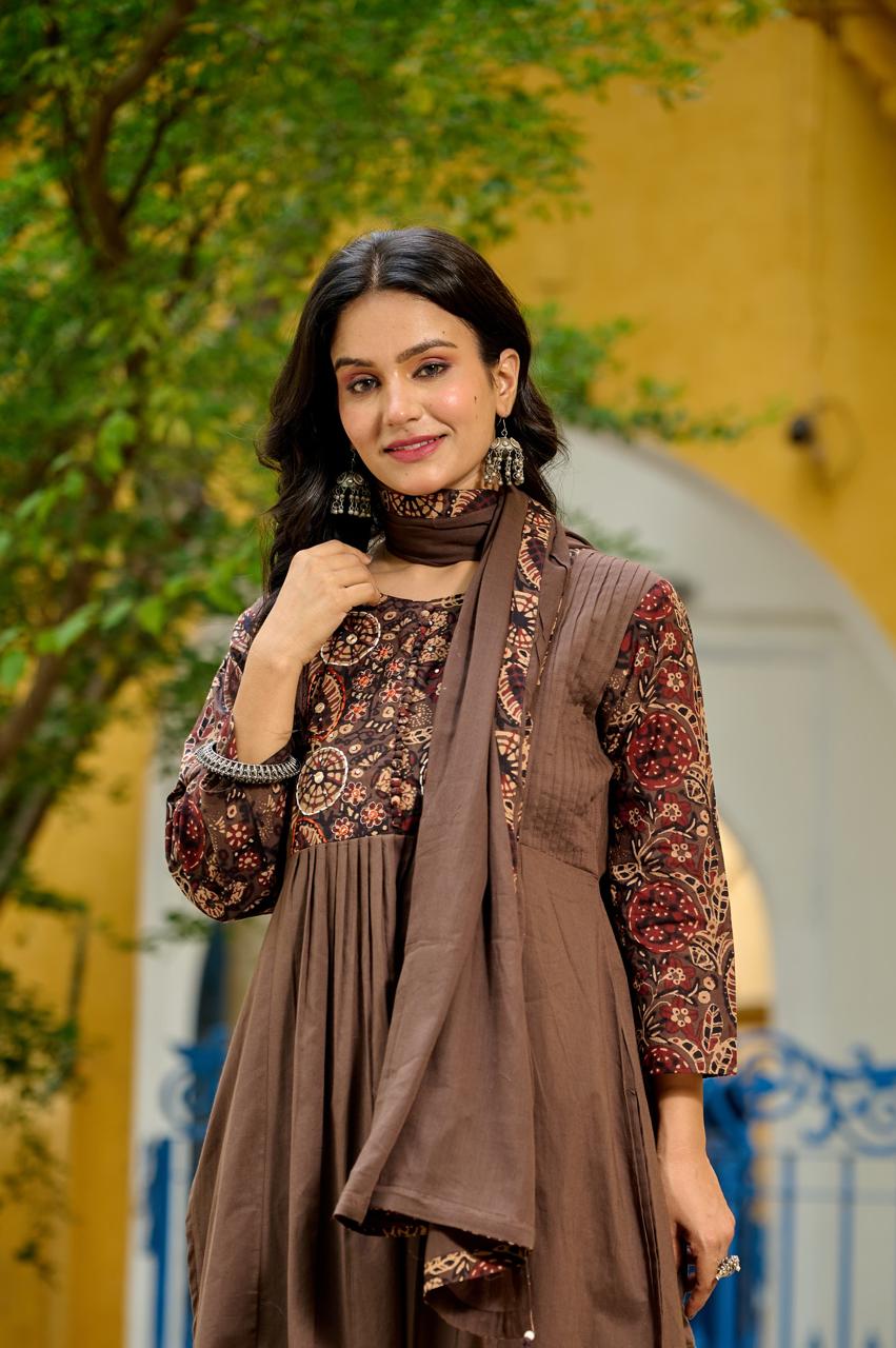 Brown pure cotton kalamkari three piece set (A397)