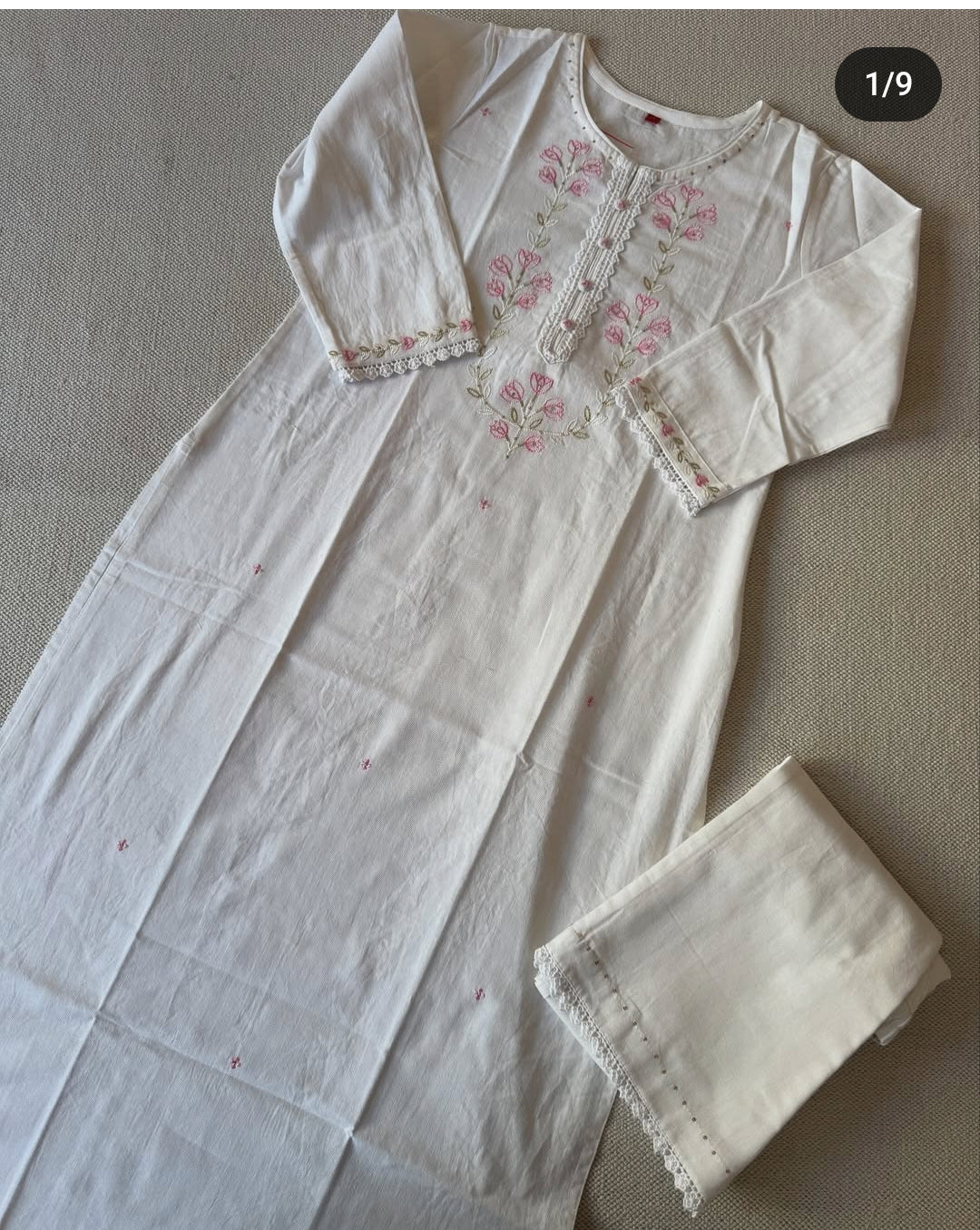 White handloom cotton fully thread work two piece set (P1550)