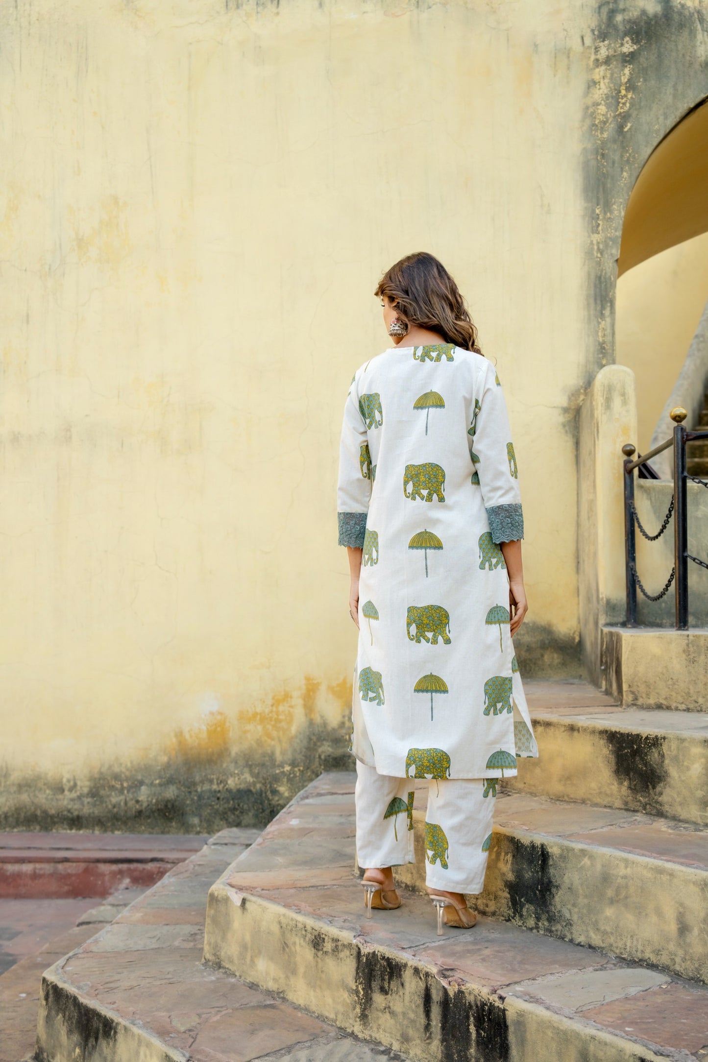 White with green linen cotton two piece cordset (P1980)