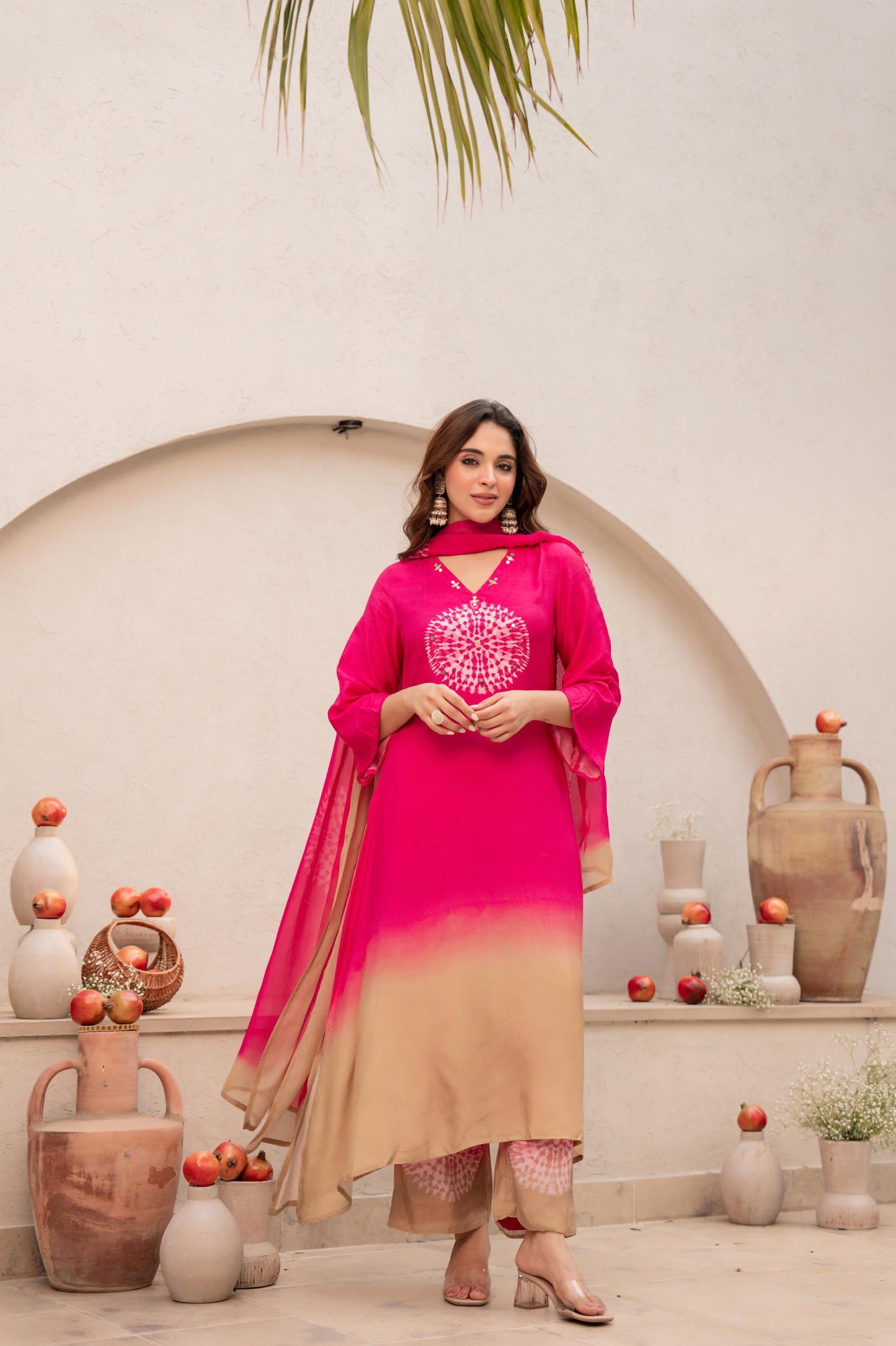 Magenta pure mul silk with block print designer three piece set (A464)