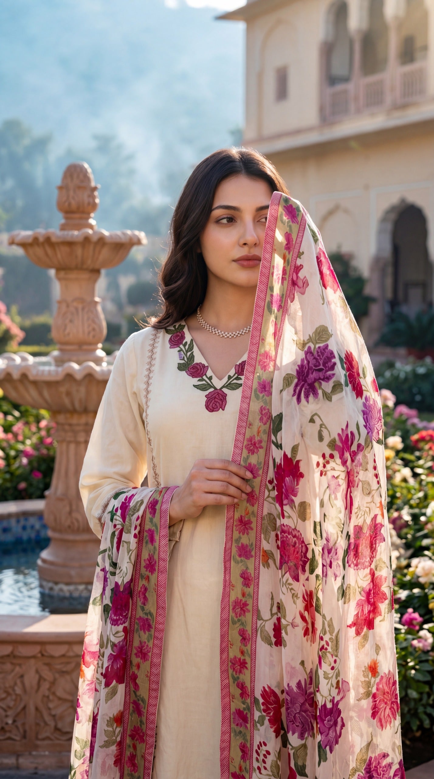 Cotton with full thread work and paired with organza dupatta three piece set (B510)