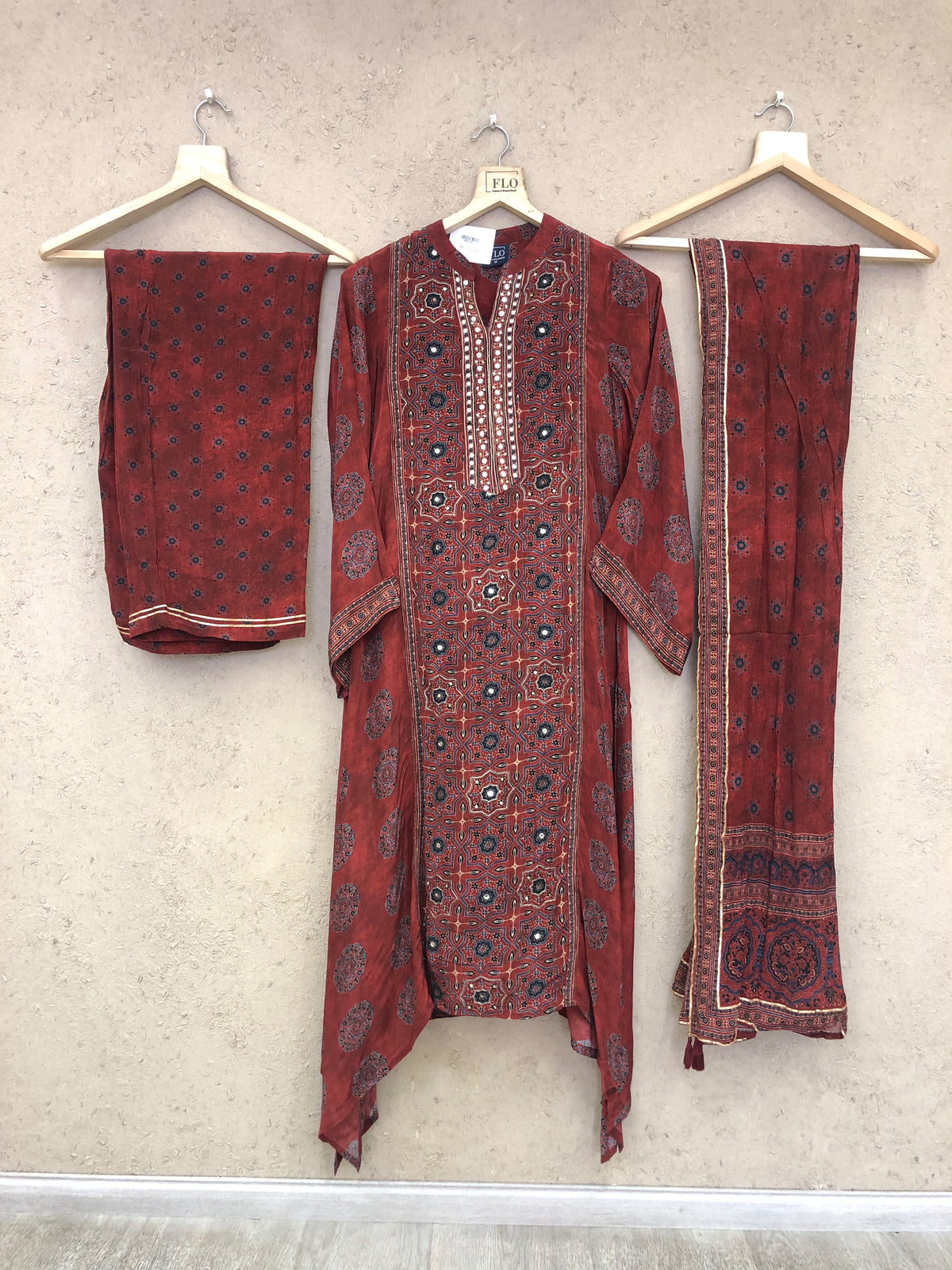 Pure crape Ajrakh print smart three piece set (C806)