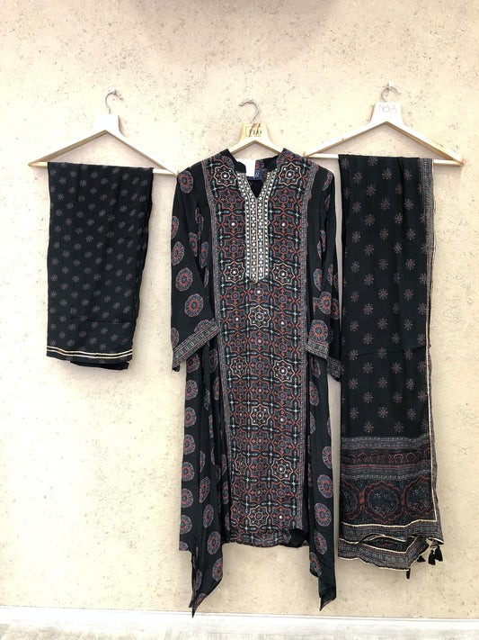 Pure crape Ajrakh print smart three piece set (C805)