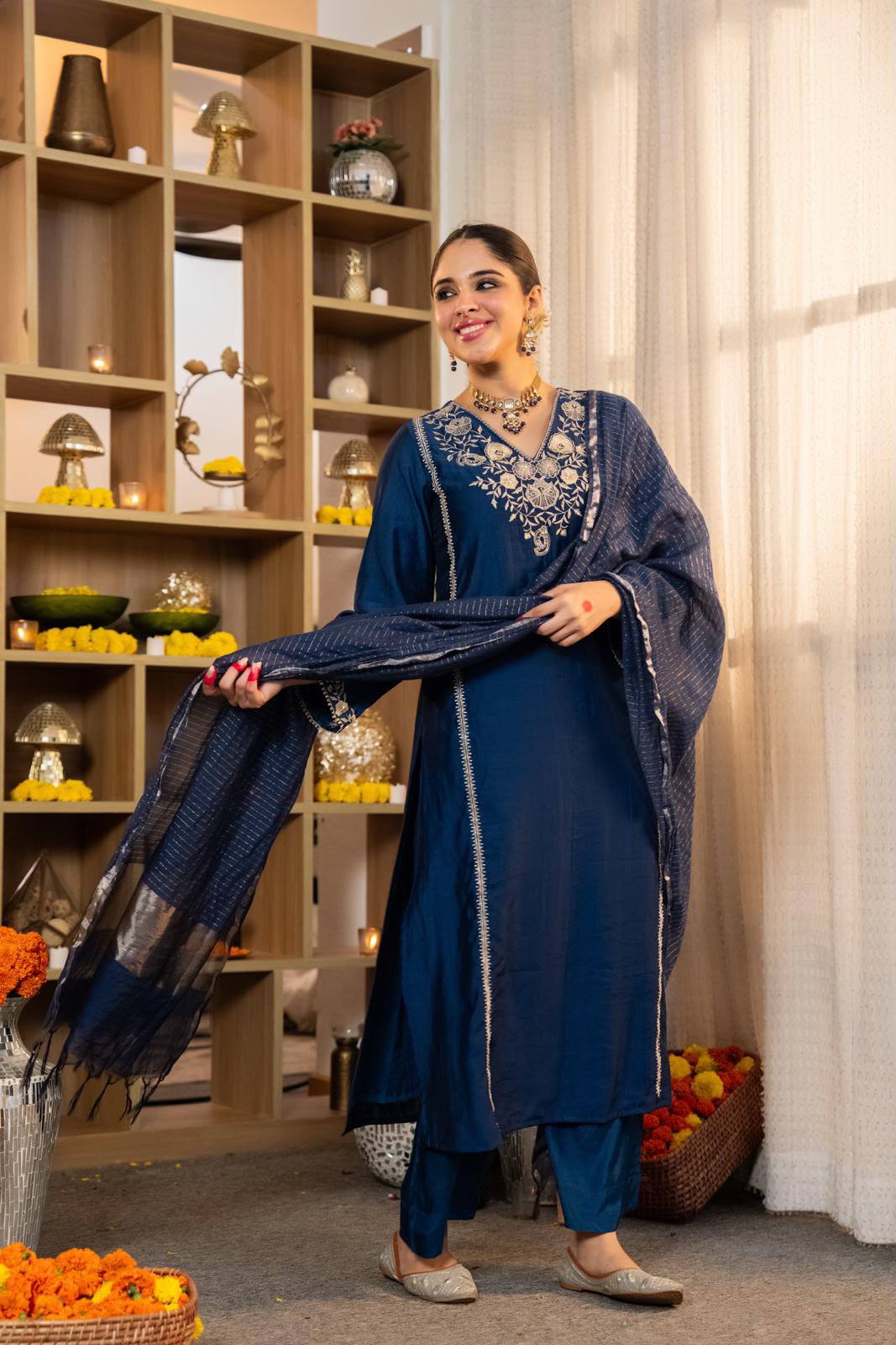 Santoori silk with mul cotton lining A line pattern three piece set (S457) (next week dispatch)