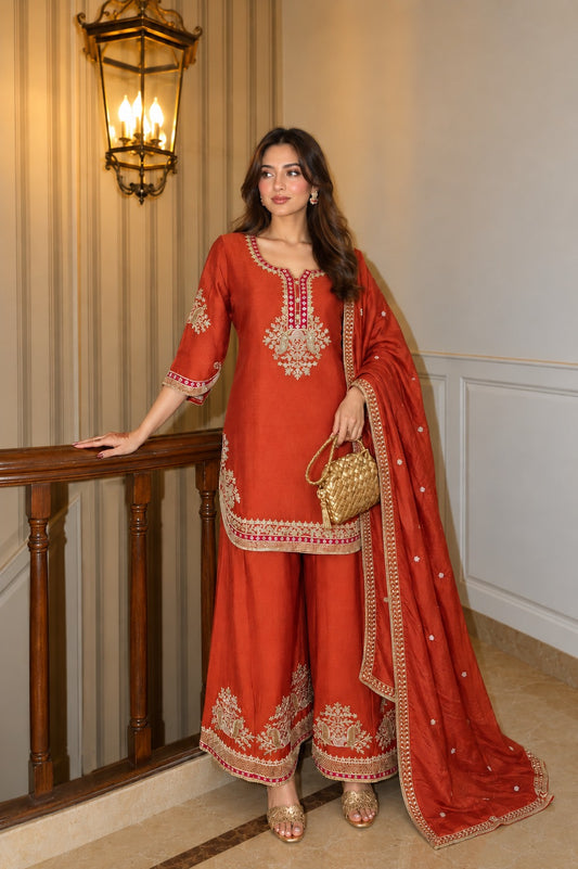 Pure chinnon with wide chinnon plazo flared three piece set (S459)
