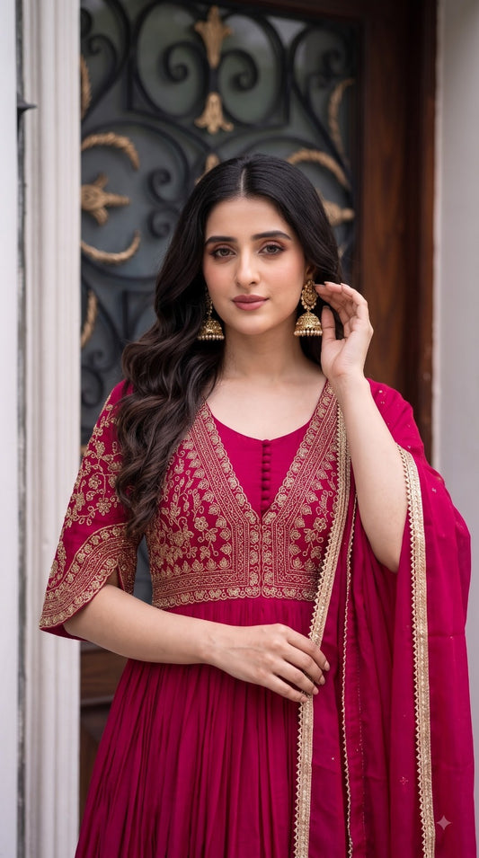 Pure chinnon heavy gown with dupatta two piece set (C819) (length 55 to 56 inch)