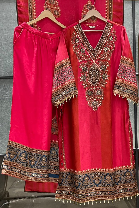 Russian silk with lining straight pattern length 46 inch with wide plazzo three piece set (C823)