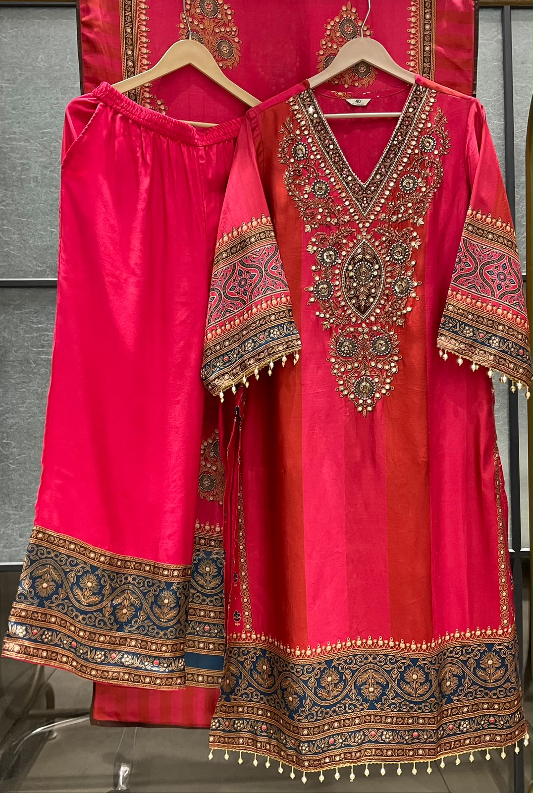 Russian silk with lining straight pattern length 46 inch with wide plazzo three piece set (C823)
