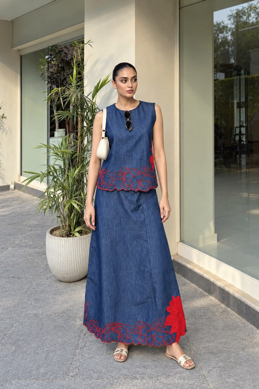 Denim stylish with skirt two piece cordset (C809)
