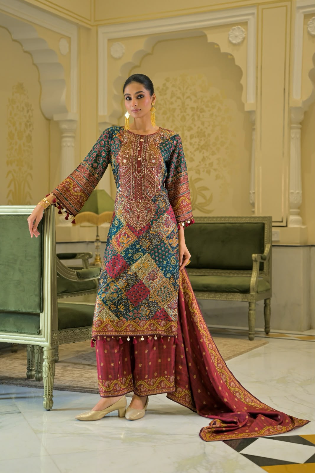 Pure crape with mul lining three piece set (C825)