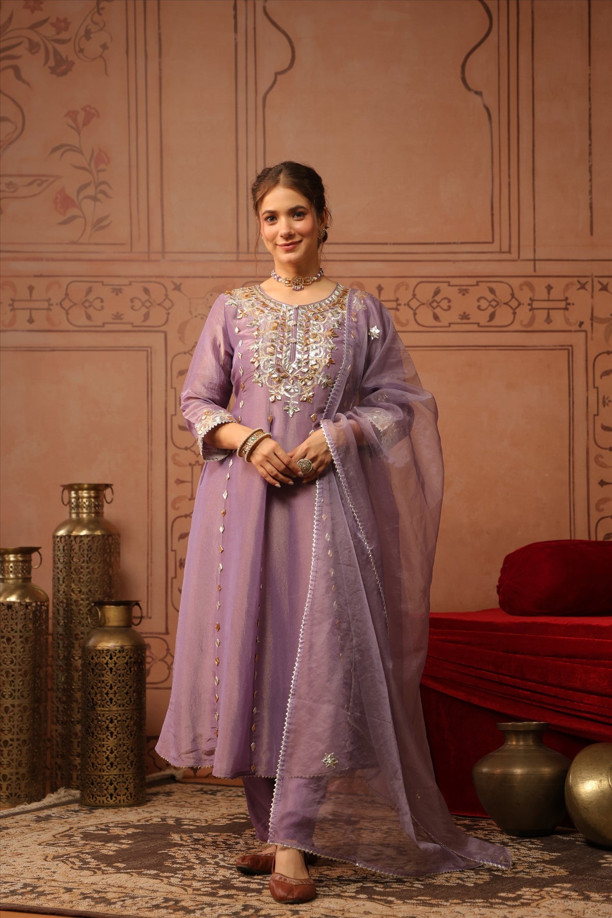 Pure tissue with gota work shoulder anarkali three piece set (C803)