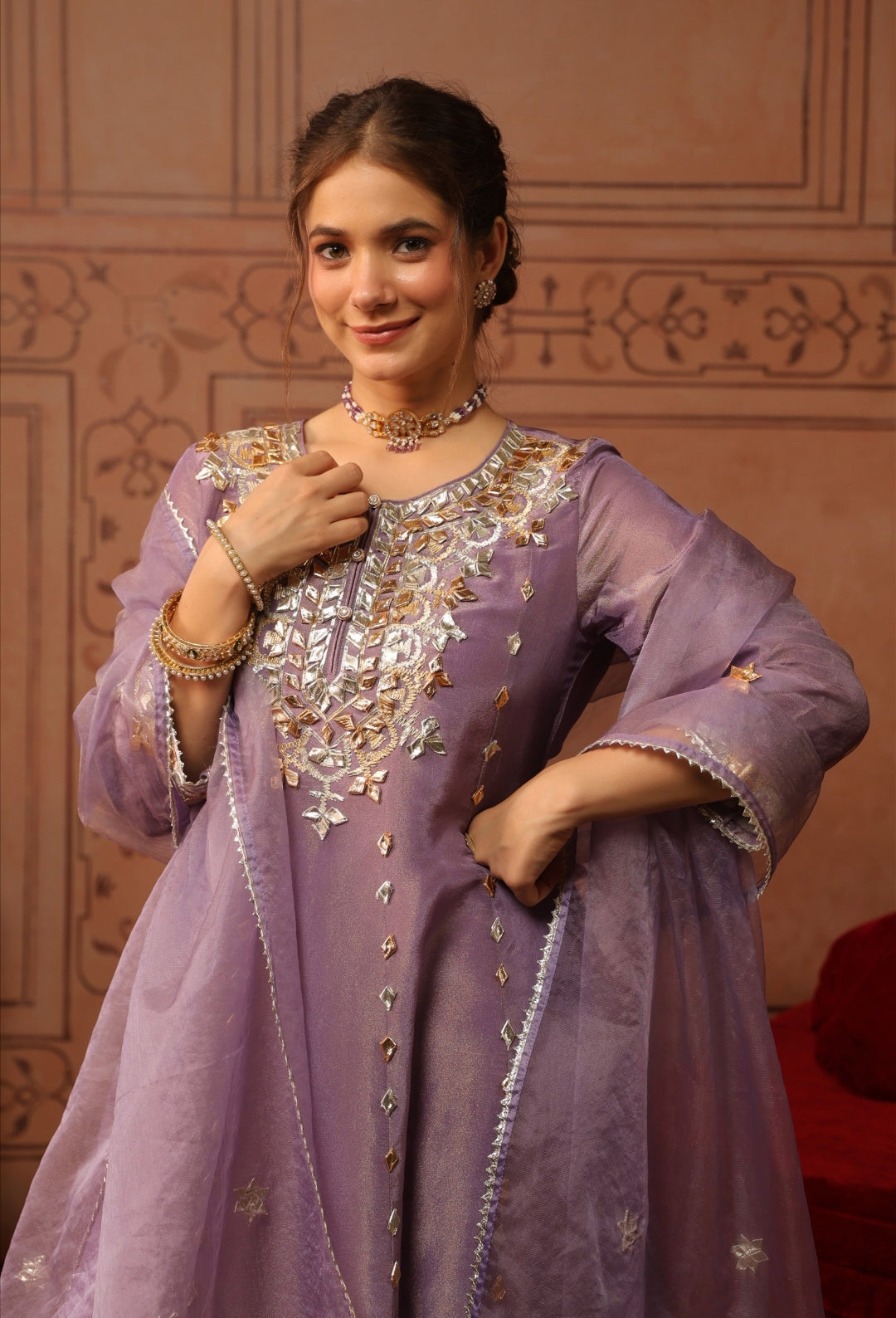 Pure tissue with gota work shoulder anarkali three piece set (C803)