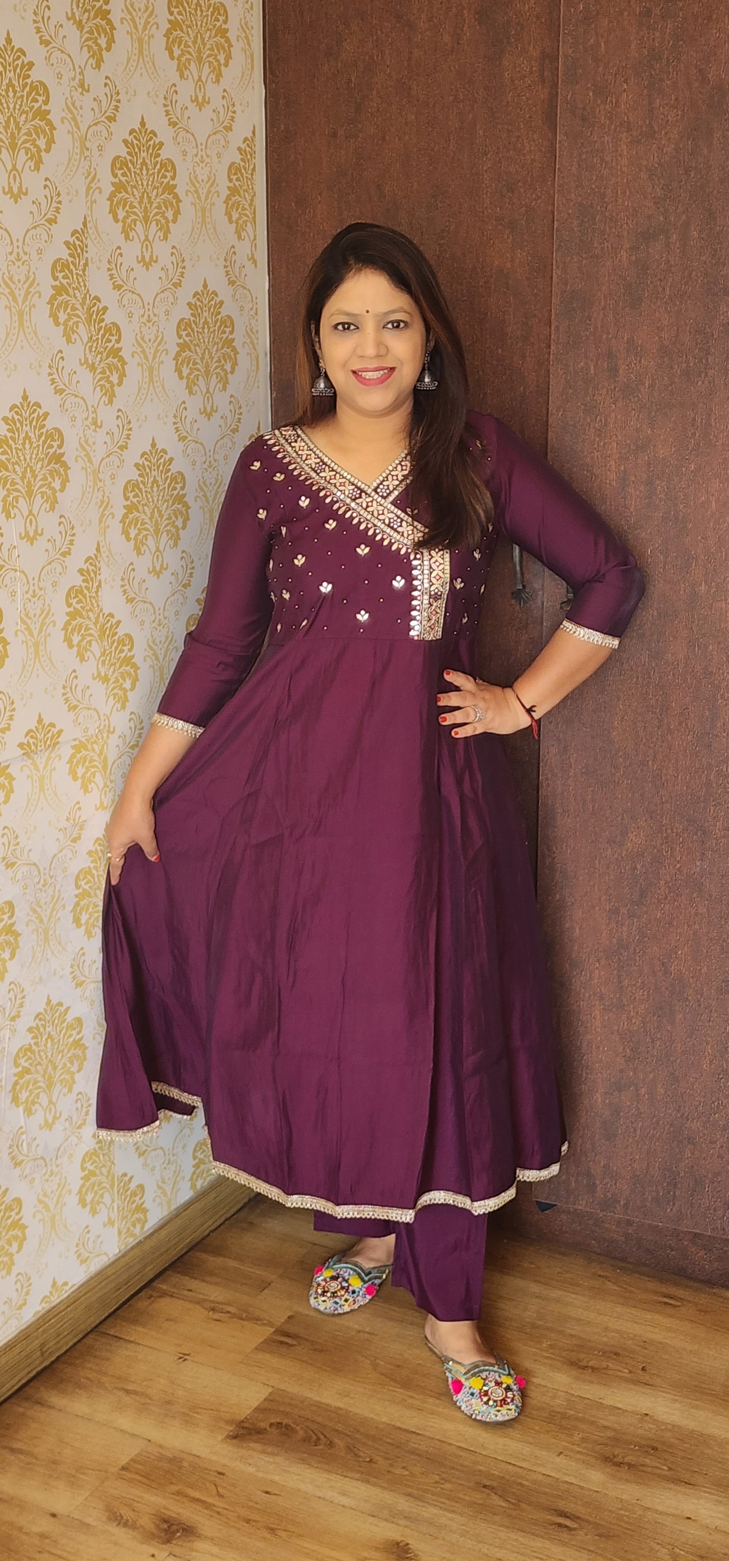 Purple pure muslin silk Angrakha pattern