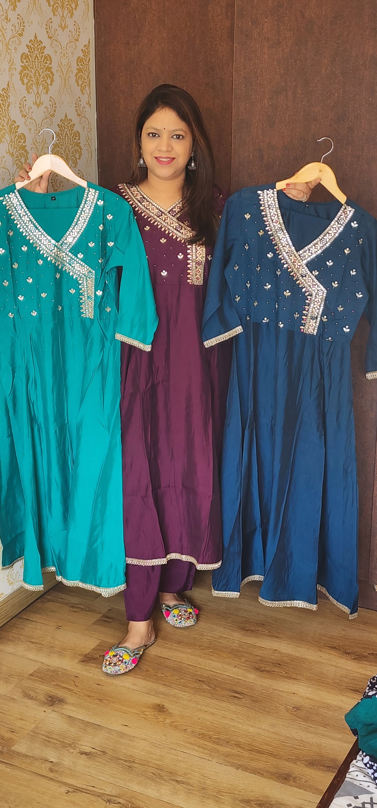 Teal blue pure muslin Angrakha pattern kurti with pant