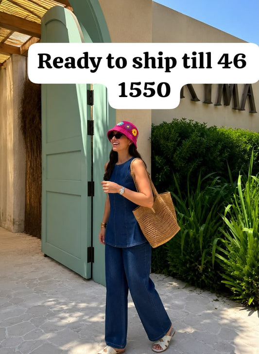 Denim cordset with crochet hat smart two piece cordset (C464)