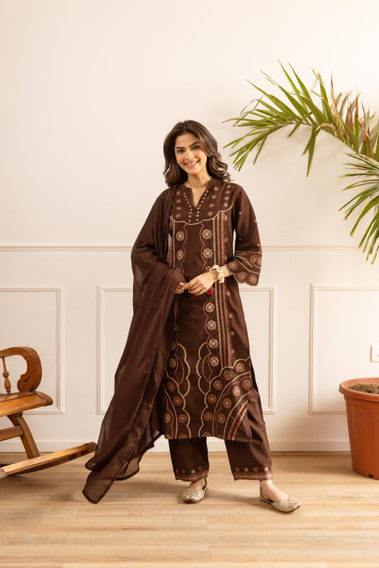 Cotton flex with full embroidery three piece set (B552)