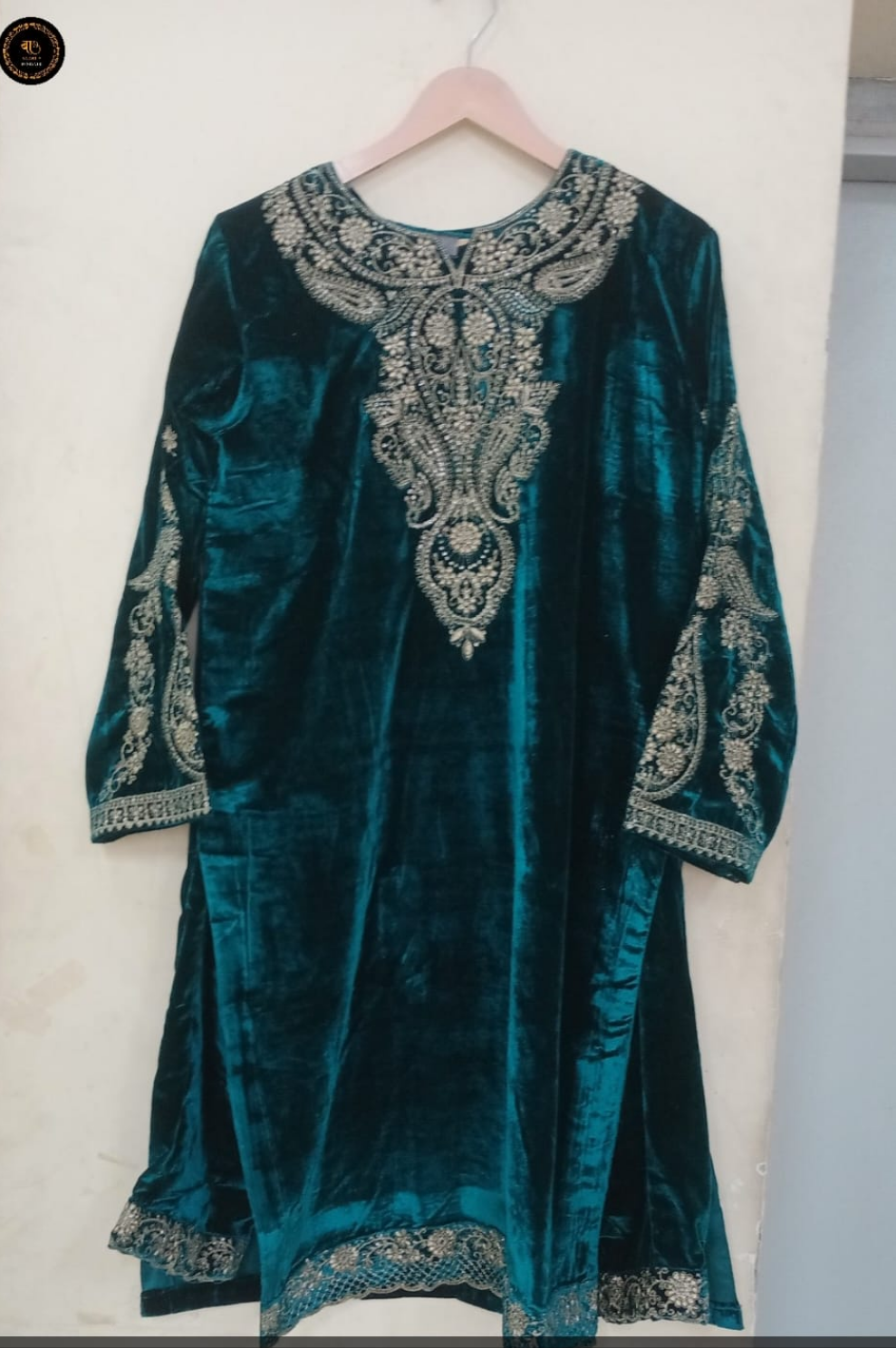 Teal blue pure velvet designer two piece cordset (P1232)