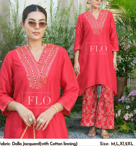Red pure silk with brocade pant two piece cordset (A1052)