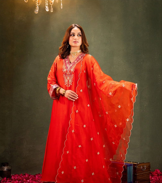 Orange pure dola silk three piece set (A855)
