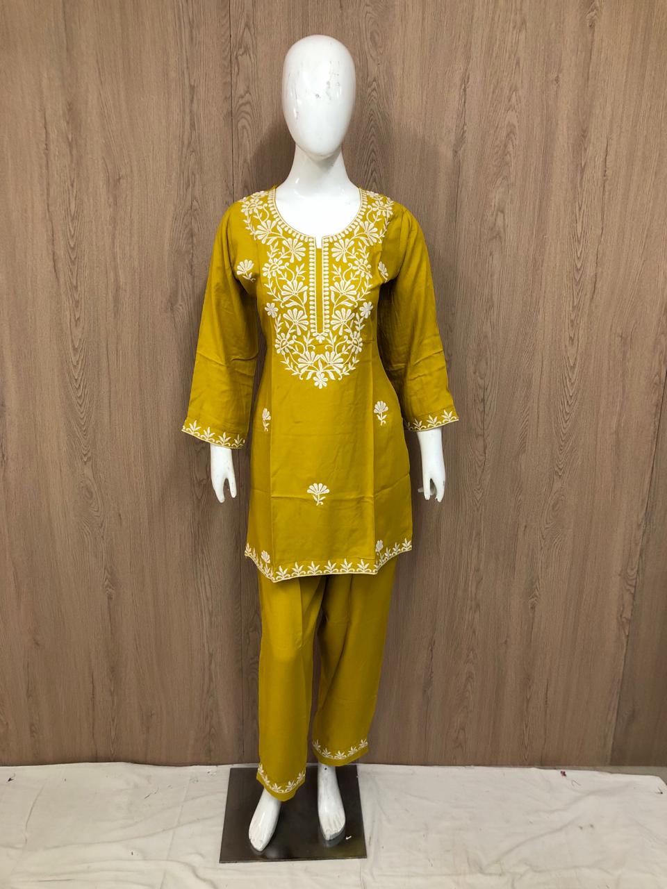 Mustred cotton rayon full chikankari two piece cord set (P253)